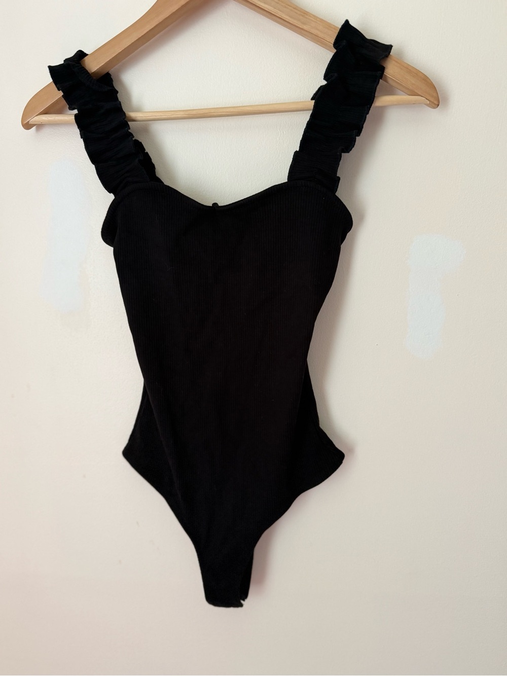 Blue Rain Black Ribbed Tank Bodysuit with Ruffle Straps
